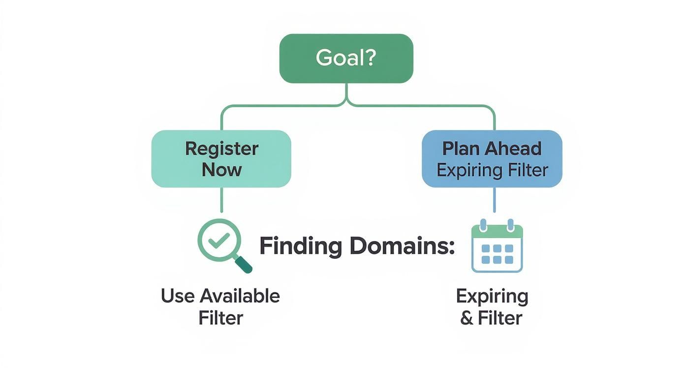 A flowchart showing two goals for finding domains: 'Register Now' using an available filter, and 'Plan Ahead' for expiring domains.
