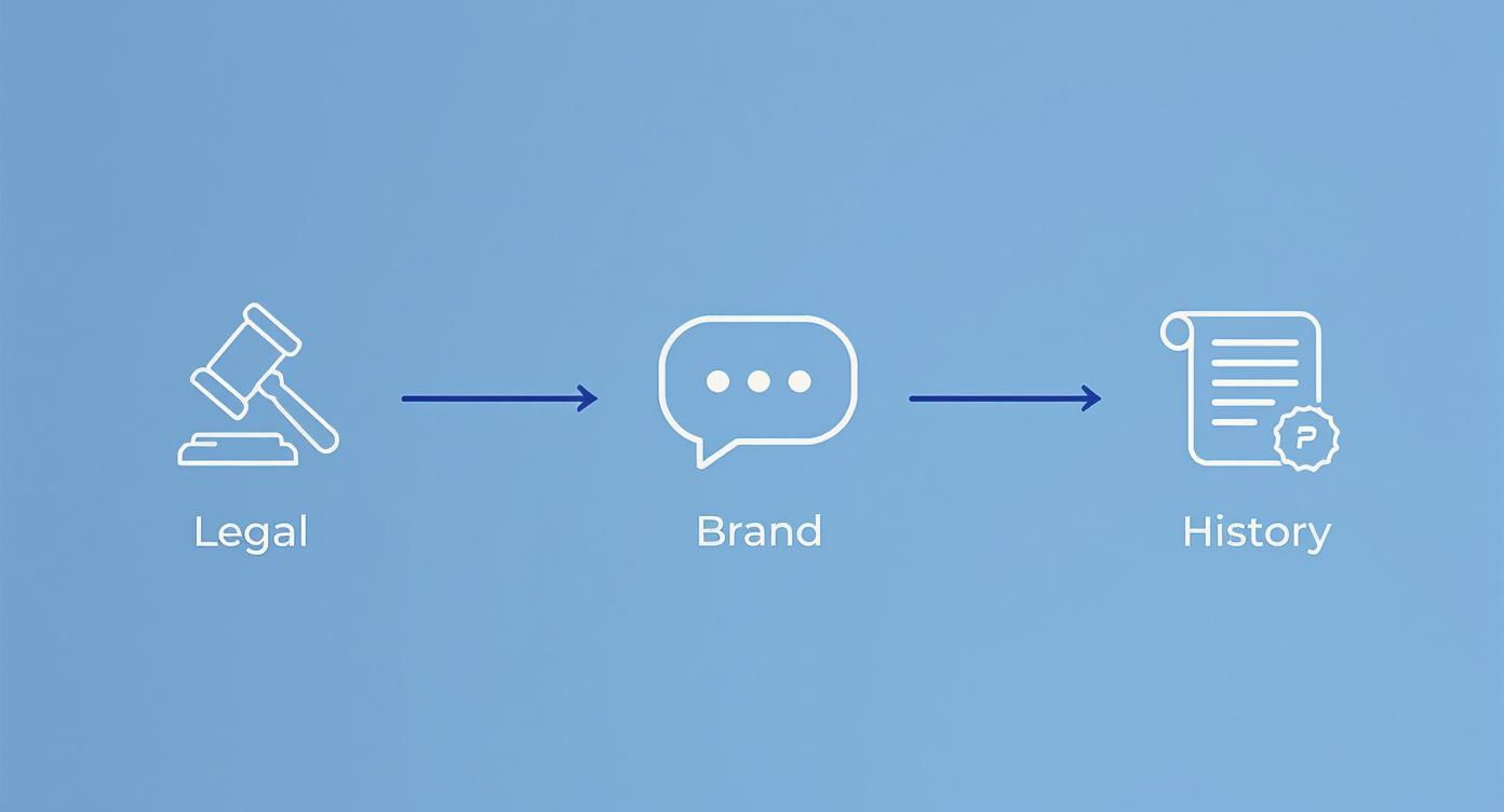 A diagram illustrates the progression from legal actions to brand communication and historical documentation.