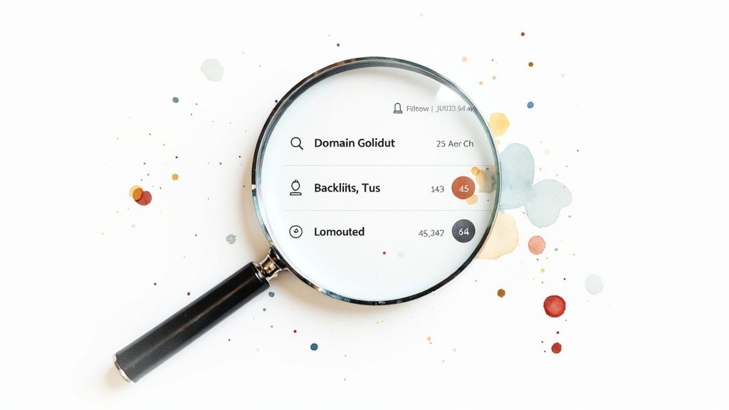 Magnifying glass examining domain names and backlinks data for SEO analysis and research