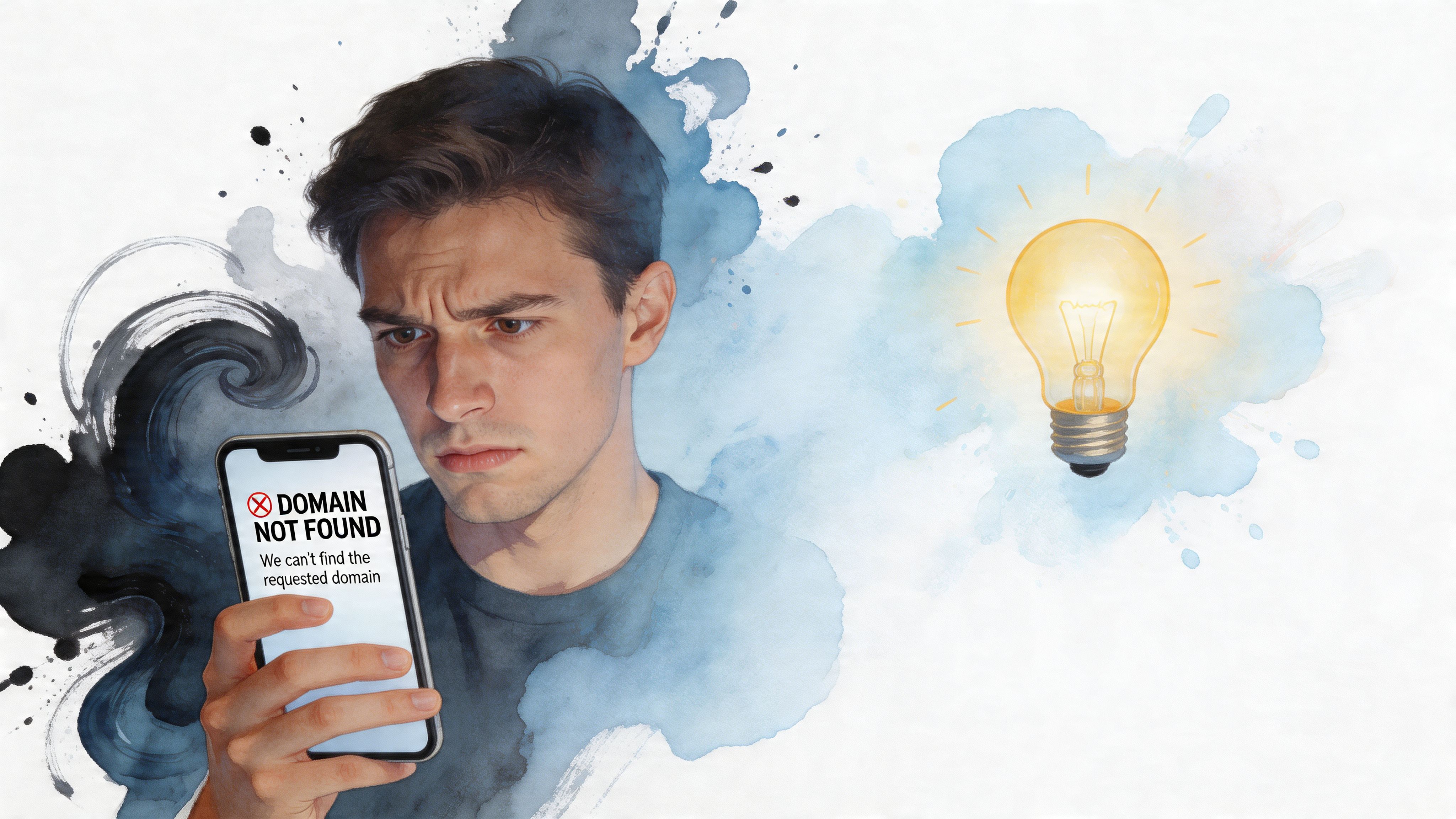 A man looking confused at a smartphone displaying a domain not found error message with a lightbulb.