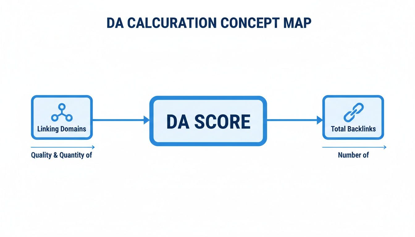 Concept map illustrating how linking domains (quality & quantity) and total backlinks (number) influence DA Score.