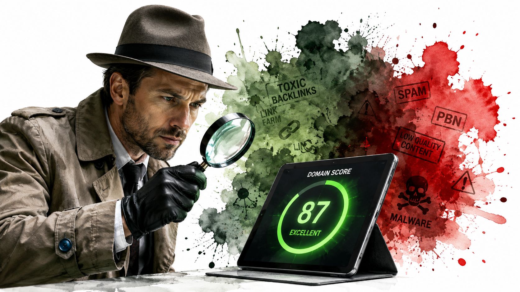A detective examines a tablet displaying an excellent domain SEO score of 87 amidst analytical digital elements.