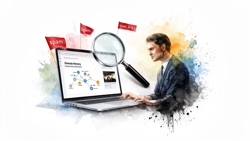 SEO specialist analyzing domain history for spam and toxic links on a laptop.