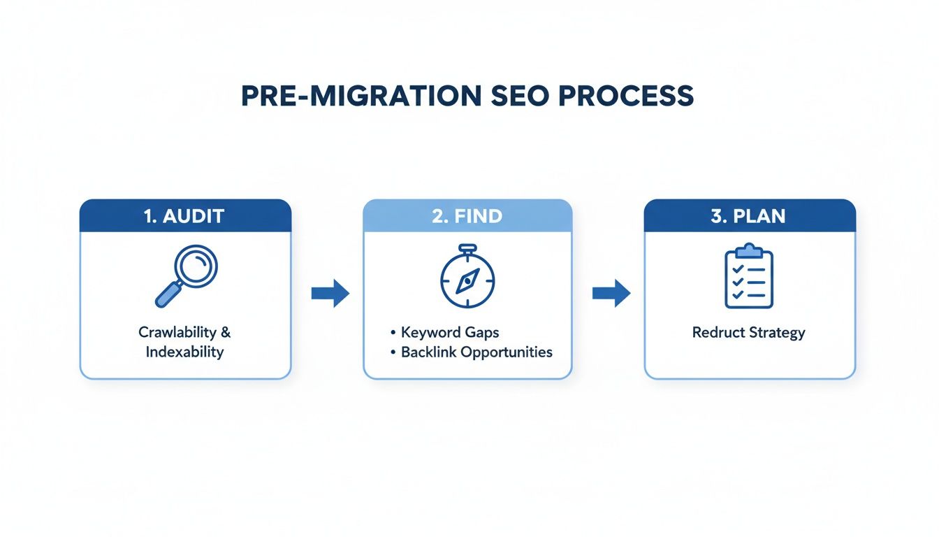 Diagram outlining the pre-migration SEO process steps: Audit, Find, and Plan.