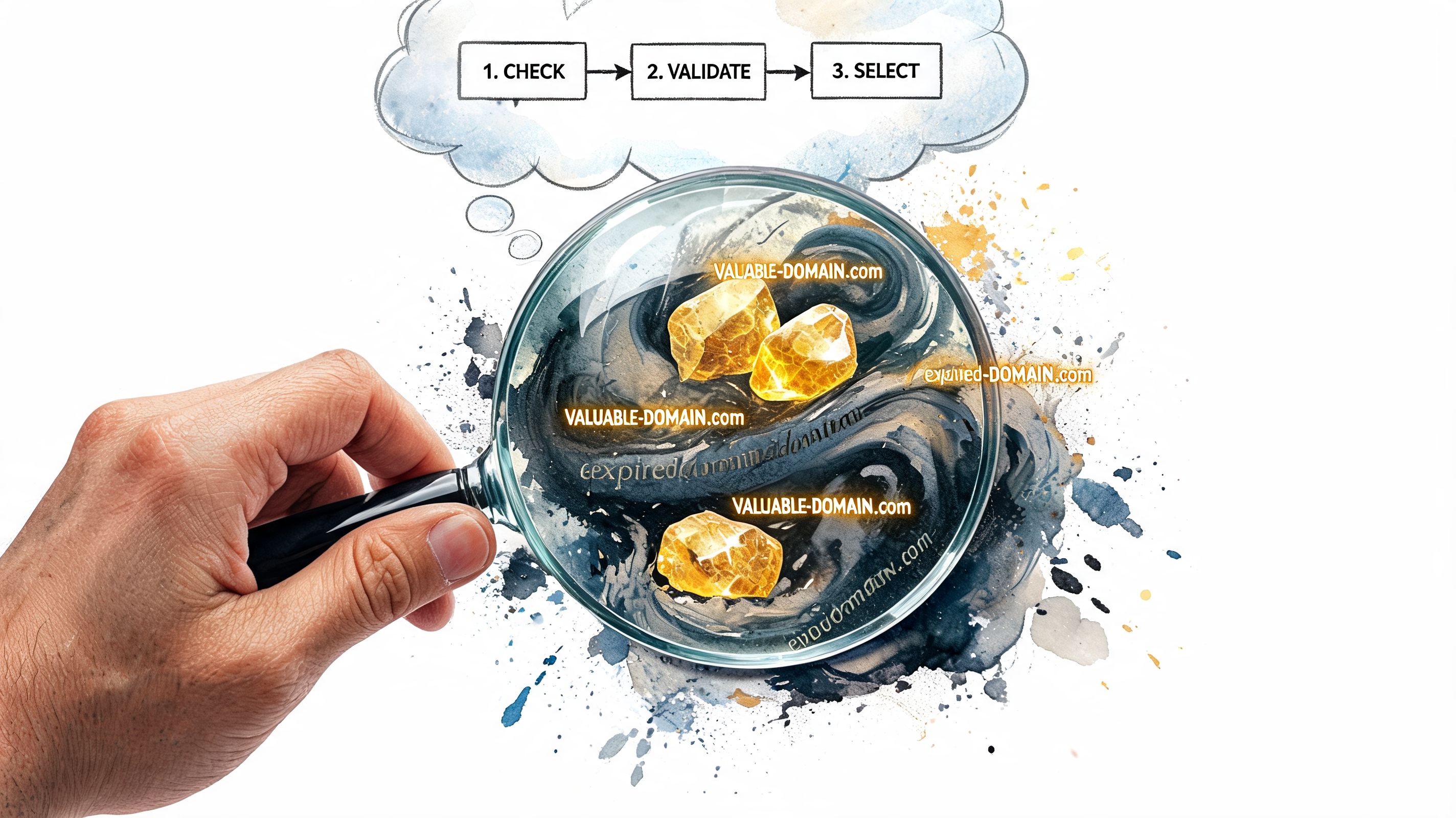 A hand holding a magnifying glass over gold nuggets representing the process of finding valuable expired domains.