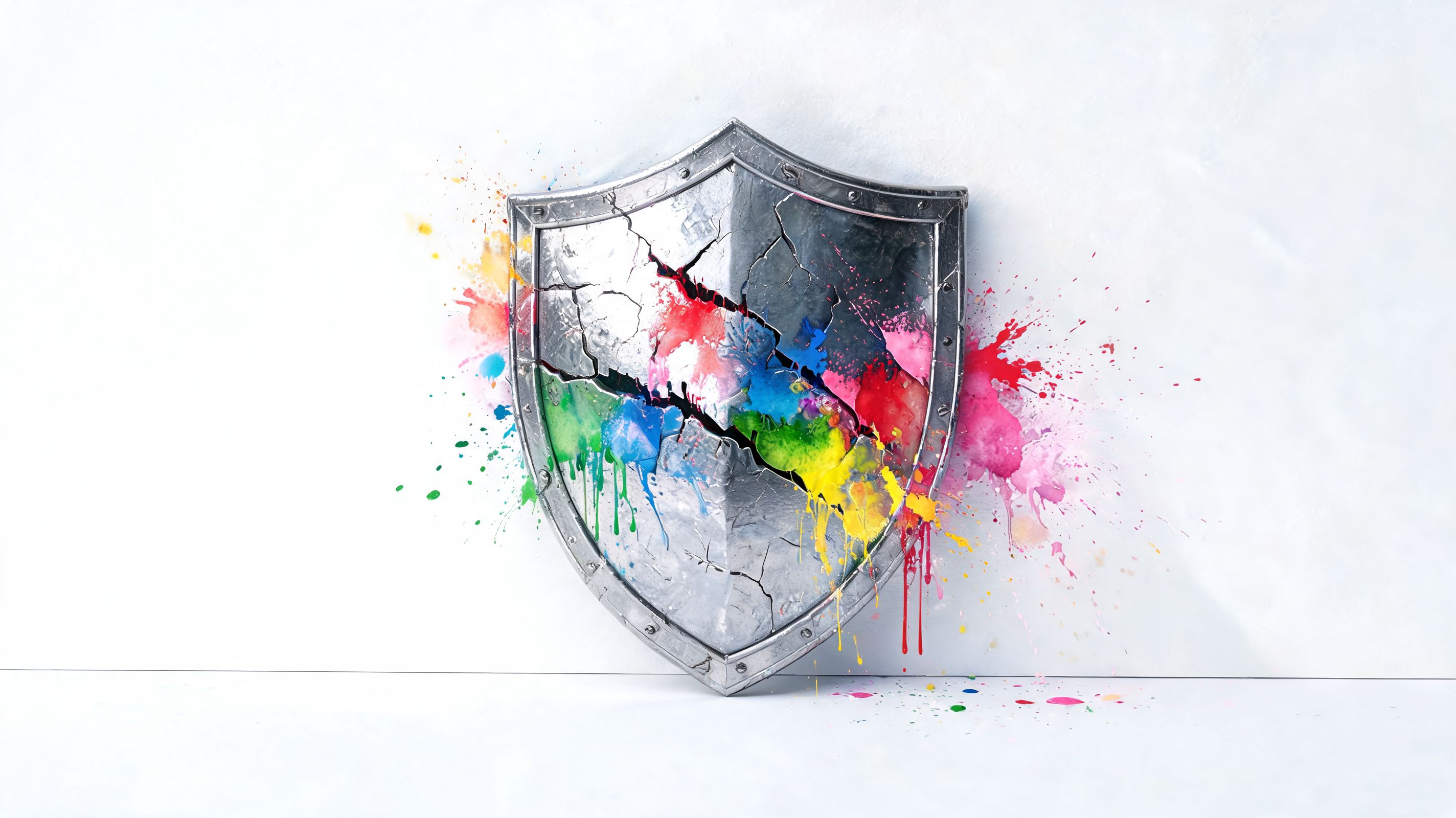 A cracked metal shield splattered with vibrant, multi-colored paint against a clean white background.