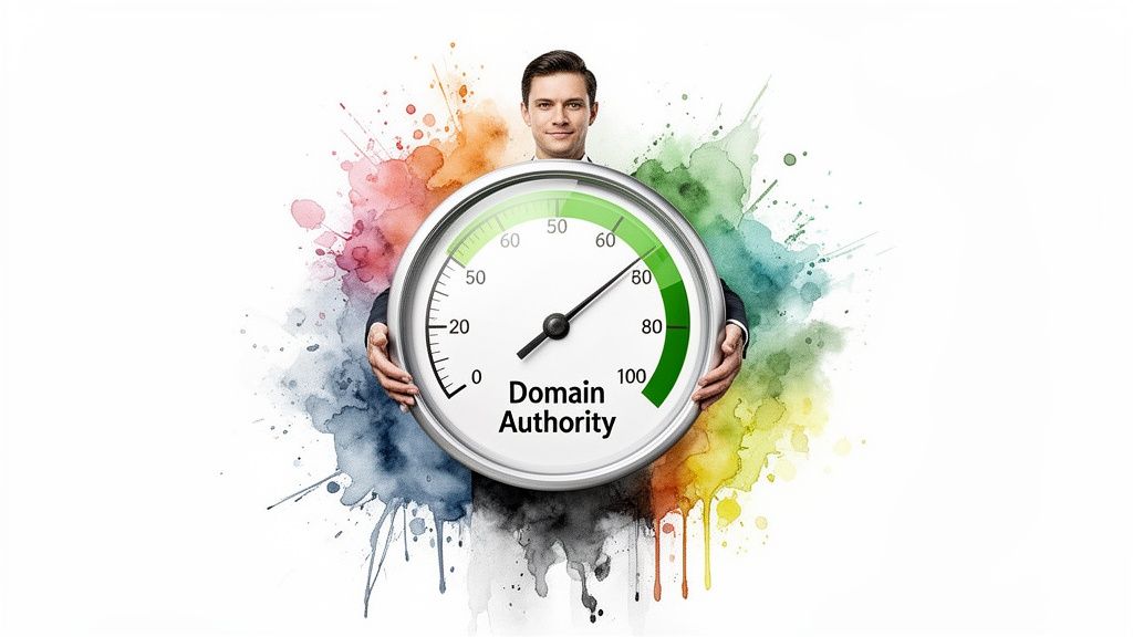 A man holds a large gauge displaying 'Domain Authority' with the needle pointing high, set against colorful watercolor splashes.