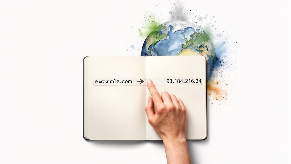 A hand points from 'example.com' to IP address '93.184.216.34' on an open notebook, with a watercolor globe in the background.