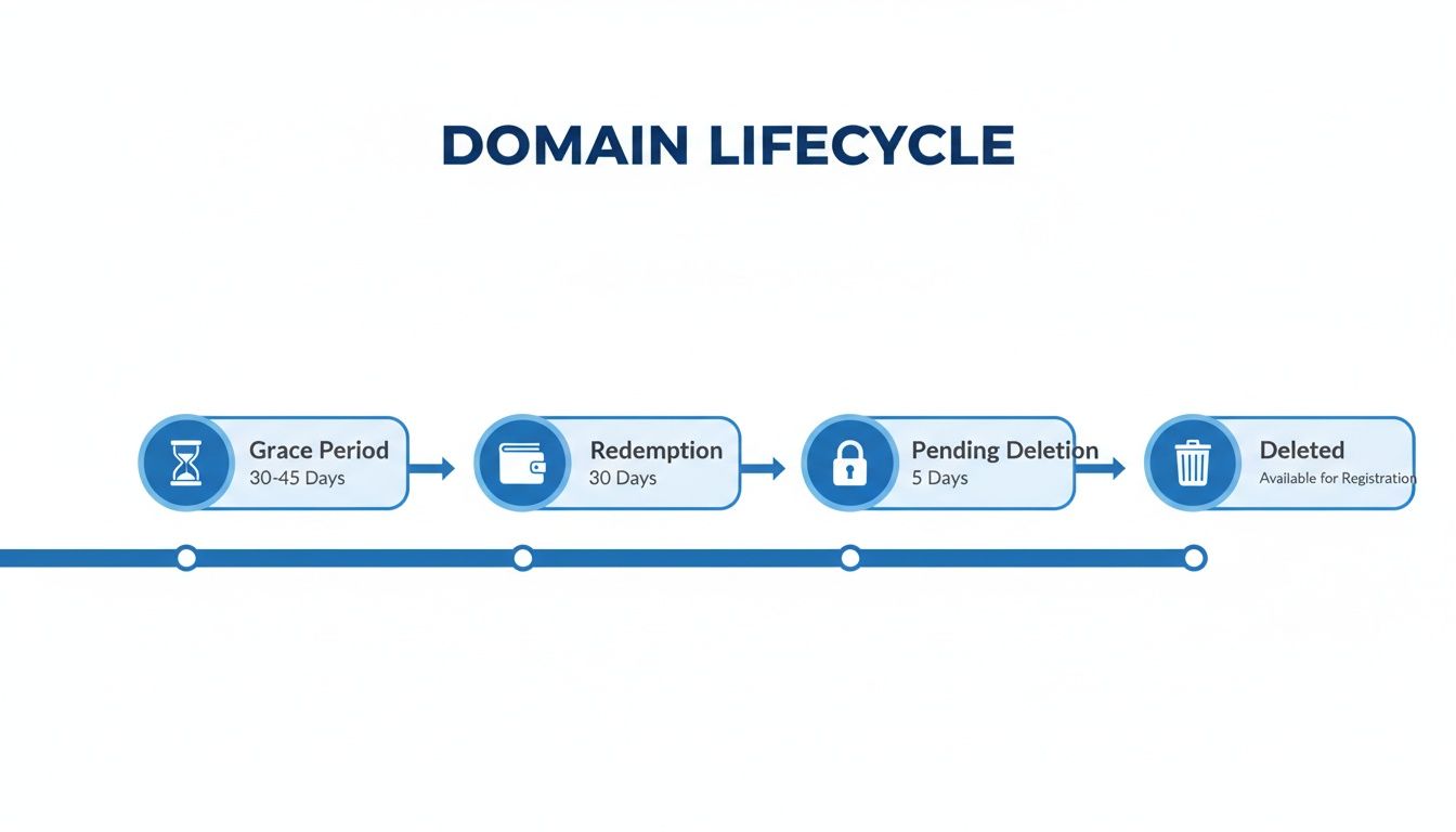 Flowchart illustrating the domain name lifecycle with Grace Period, Redemption, Pending Deletion, and Deleted stages.