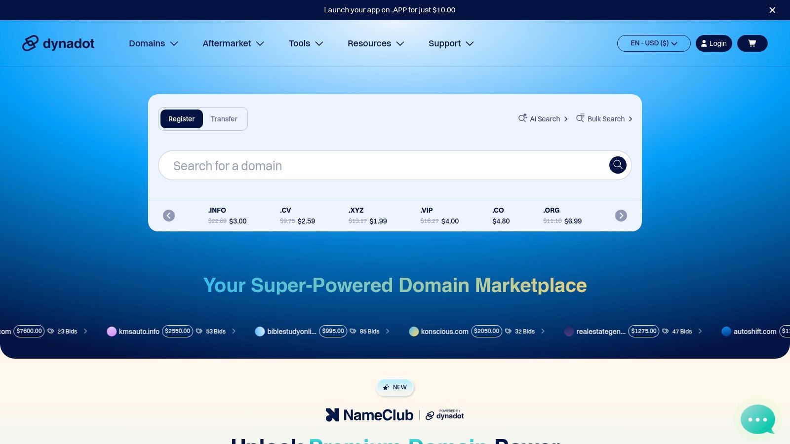 A screenshot of the Dynadot website search showing results for games domain names.