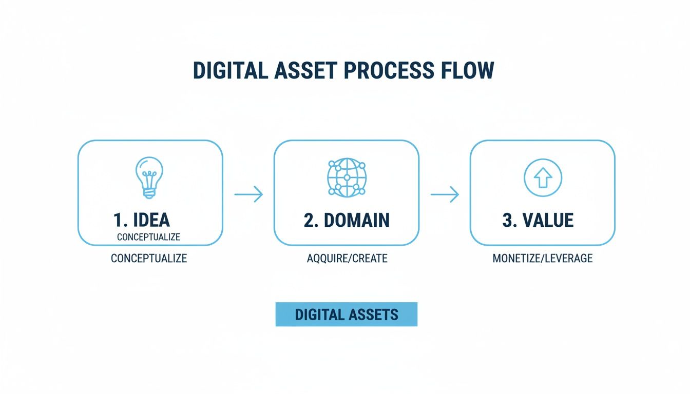 A flowchart illustrating the digital asset process flow from idea to domain acquisition and value realization.