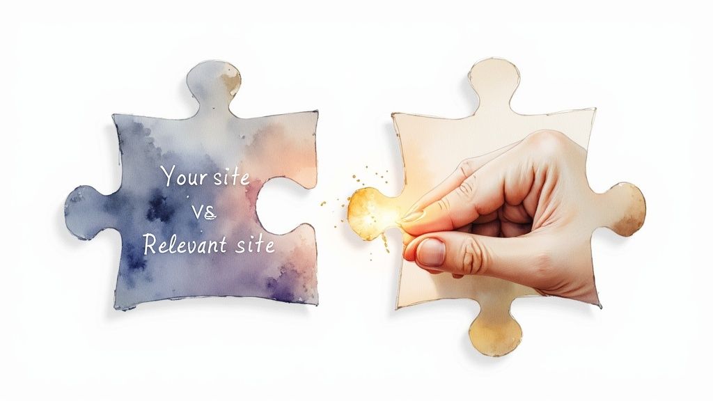 A hand connects glowing puzzle pieces labeled 'Your site VS Relevant site', symbolizing SEO connection.