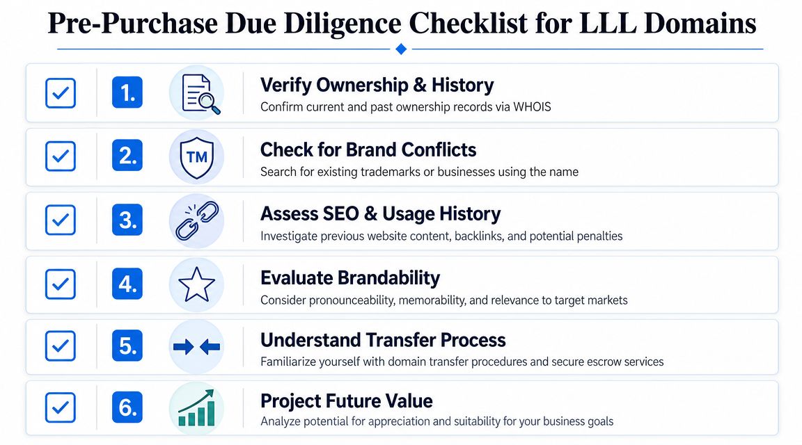 A six-step checklist titled Pre-Purchase Due Diligence Checklist for LLL Domains for evaluating domain acquisitions.