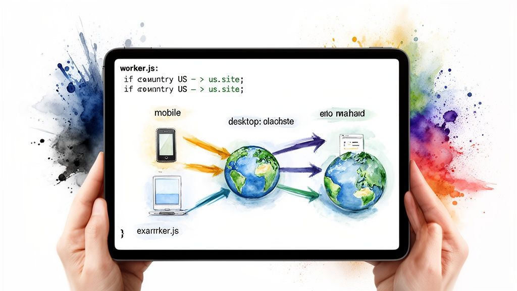 A tablet displays a global network routing diagram with mobile and desktop devices, representing domain forwarding.