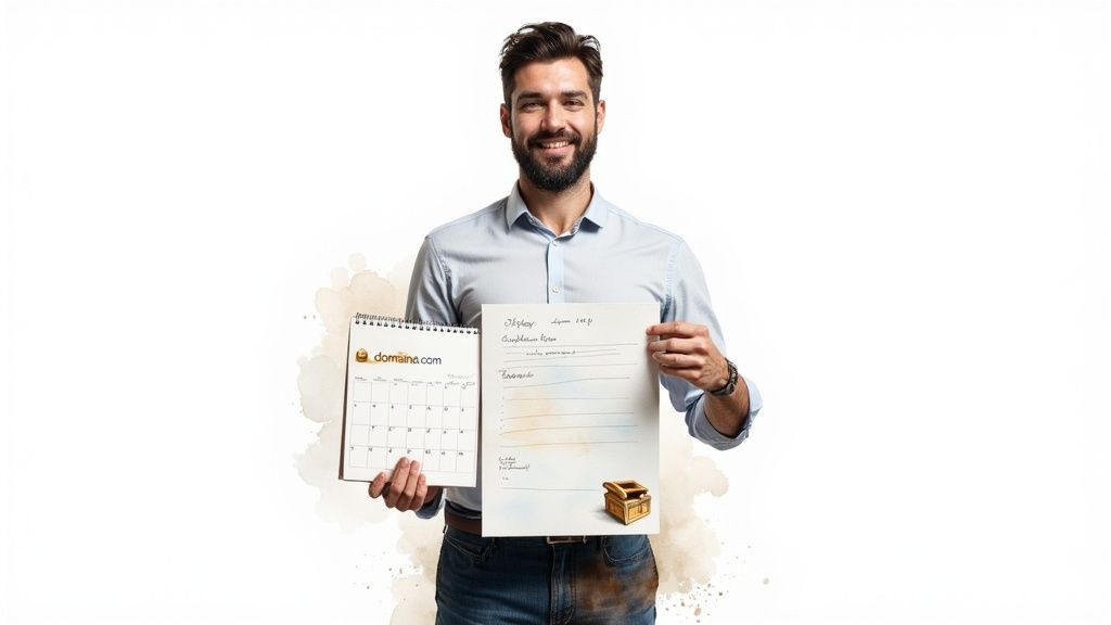 Smiling man holding a 'domaina.com' calendar and a document with handwritten notes and a treasure chest.