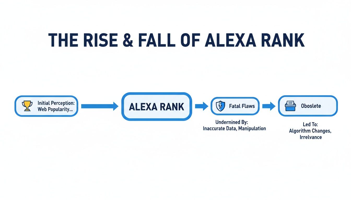 Flowchart illustrating the rise and fall of Alexa Rank, from initial web popularity to its obsolescence due to fatal flaws.