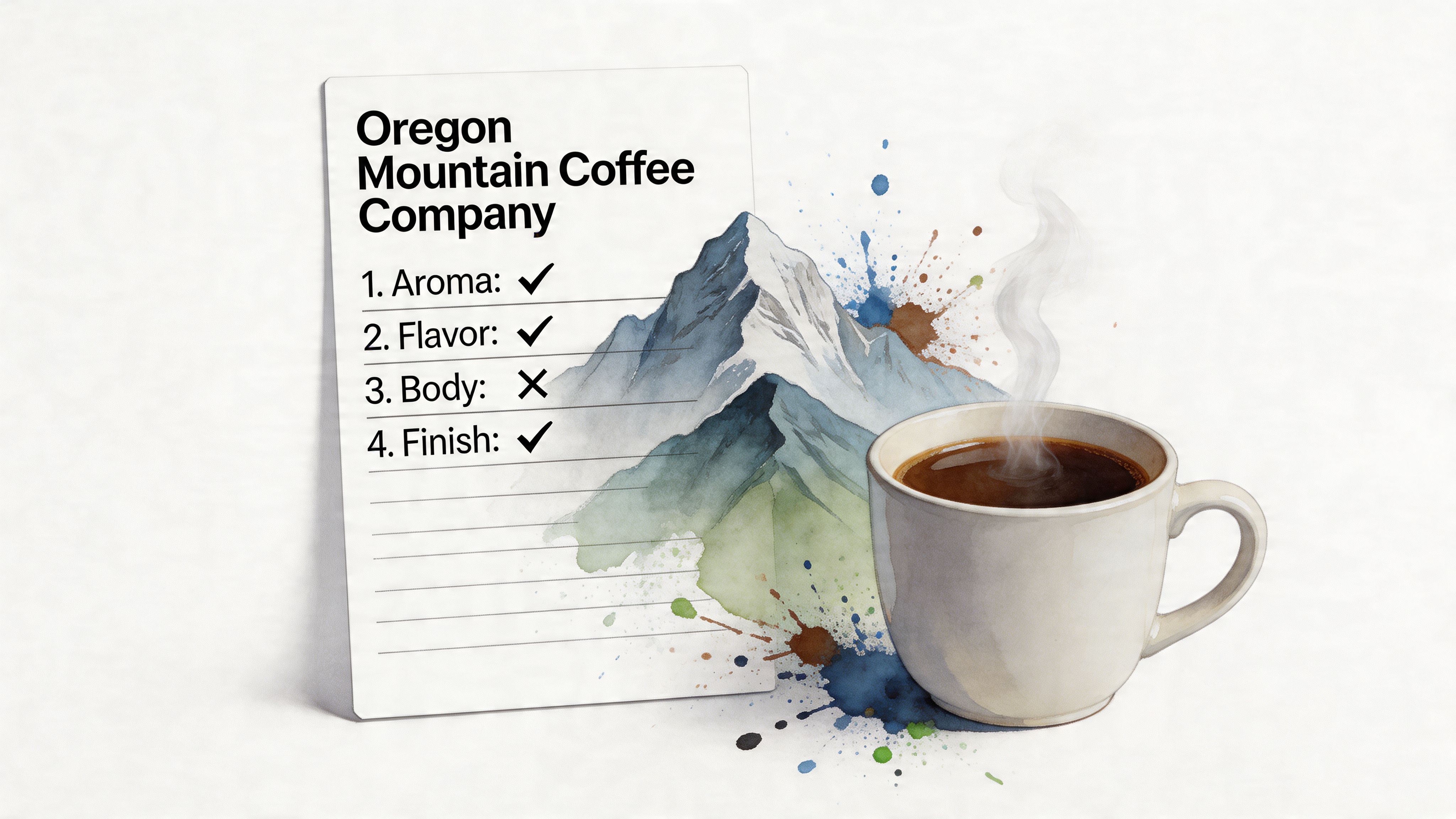 A cup of coffee next to a checklist for Oregon Mountain Coffee Company with mountain illustrations.