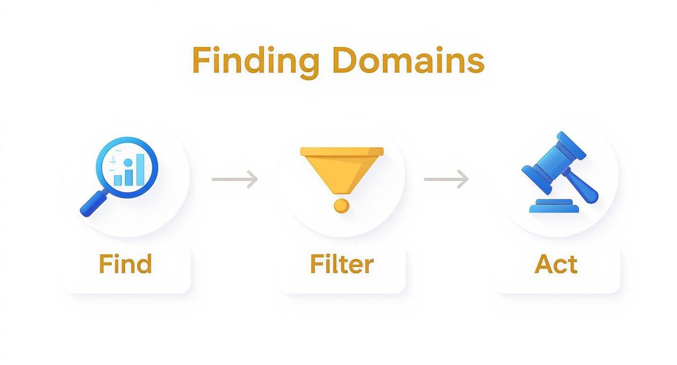Three-step process for finding domains showing find, filter, and act stages with icons