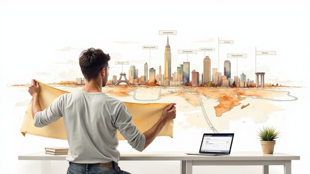 Person viewing global city skyline map with laptop showing domain research tools on desk