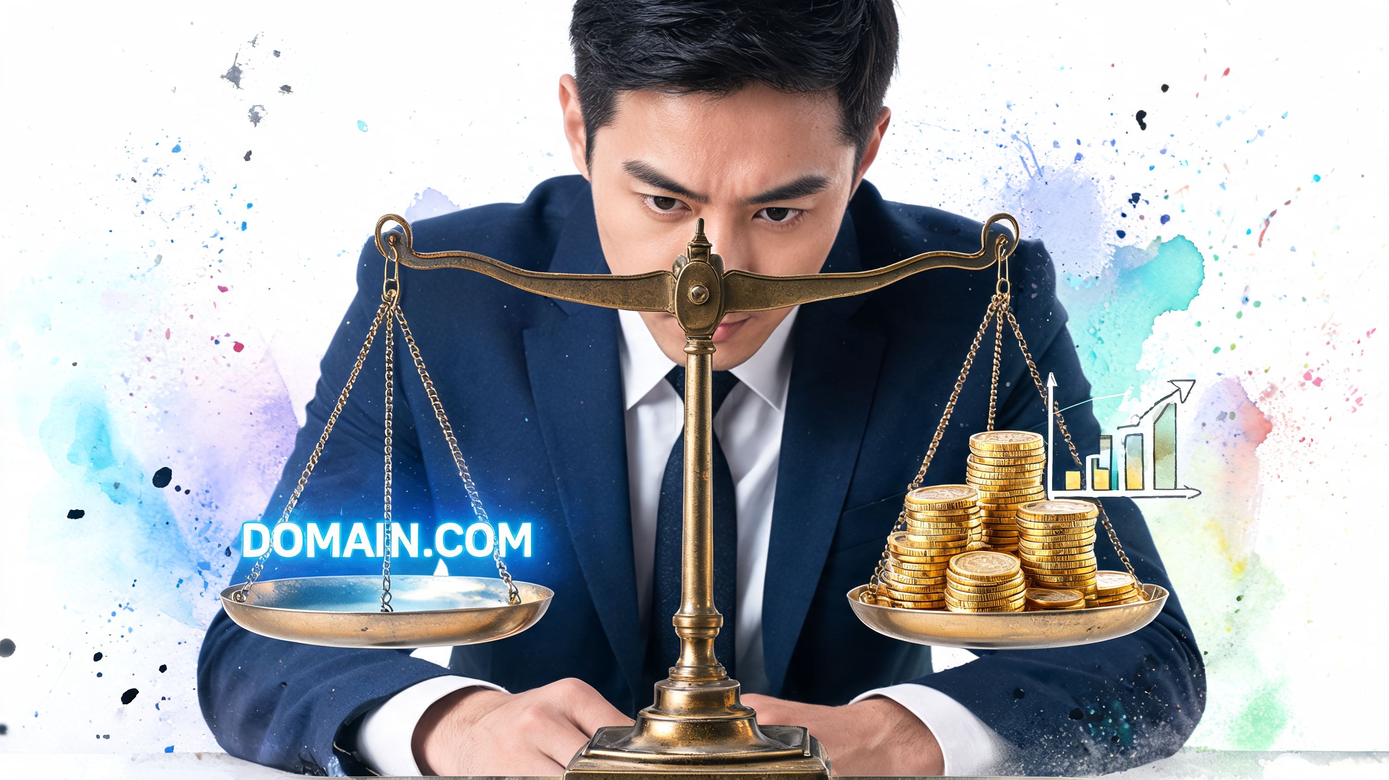 A businessman carefully observes a balance scale comparing a domain name label against a stack of gold coins.