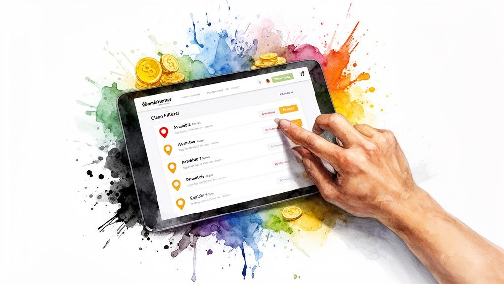 A hand interacts with a tablet showing a 'DomianHunter' interface for available domains, surrounded by colorful splashes and gold coins.