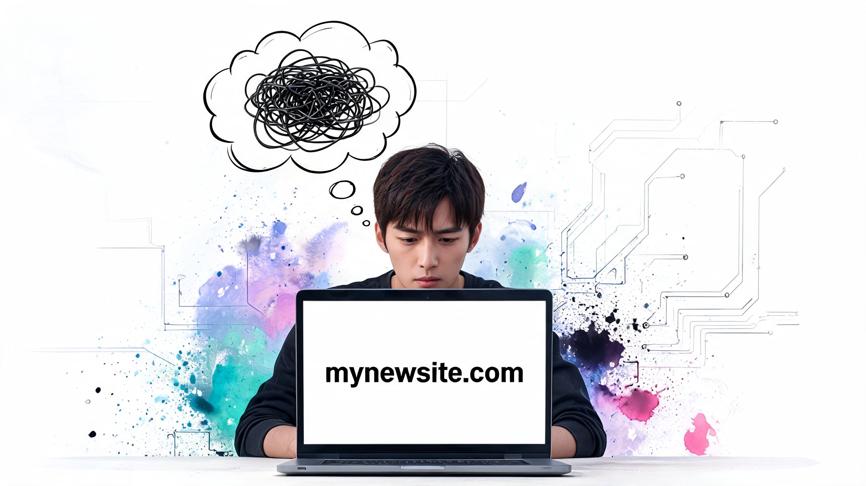 A young man looking confused at a laptop screen showing the website domain mynewsite.com