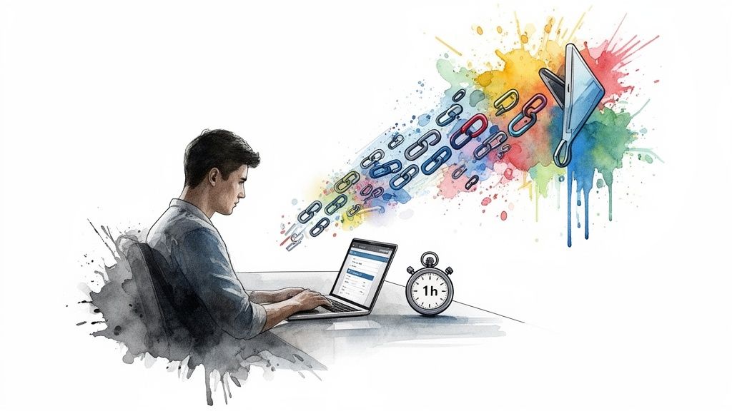 Watercolor illustration of a man typing on a laptop, with flowing links and a stopwatch, symbolizing efficient work.