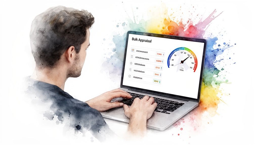 Watercolor-style image of a man using a laptop displaying a bulk appraisal screen and a gauge.