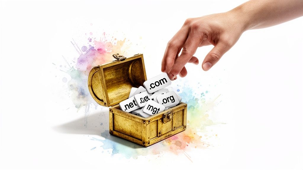 A hand selects a .com domain from a treasure chest filled with various website extensions.