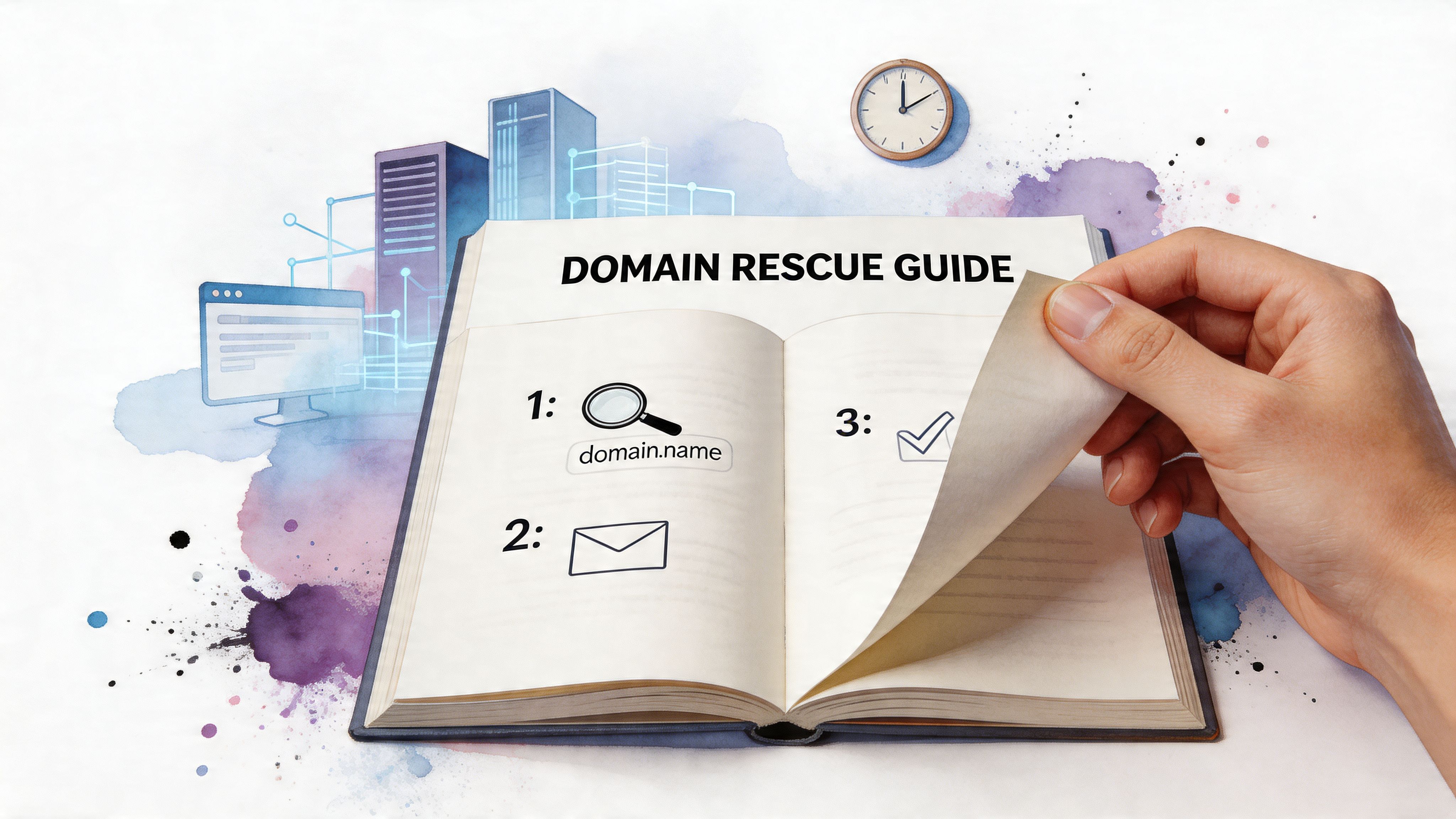 An open book titled Domain Rescue Guide with steps for recovering expired domain names by a hand.