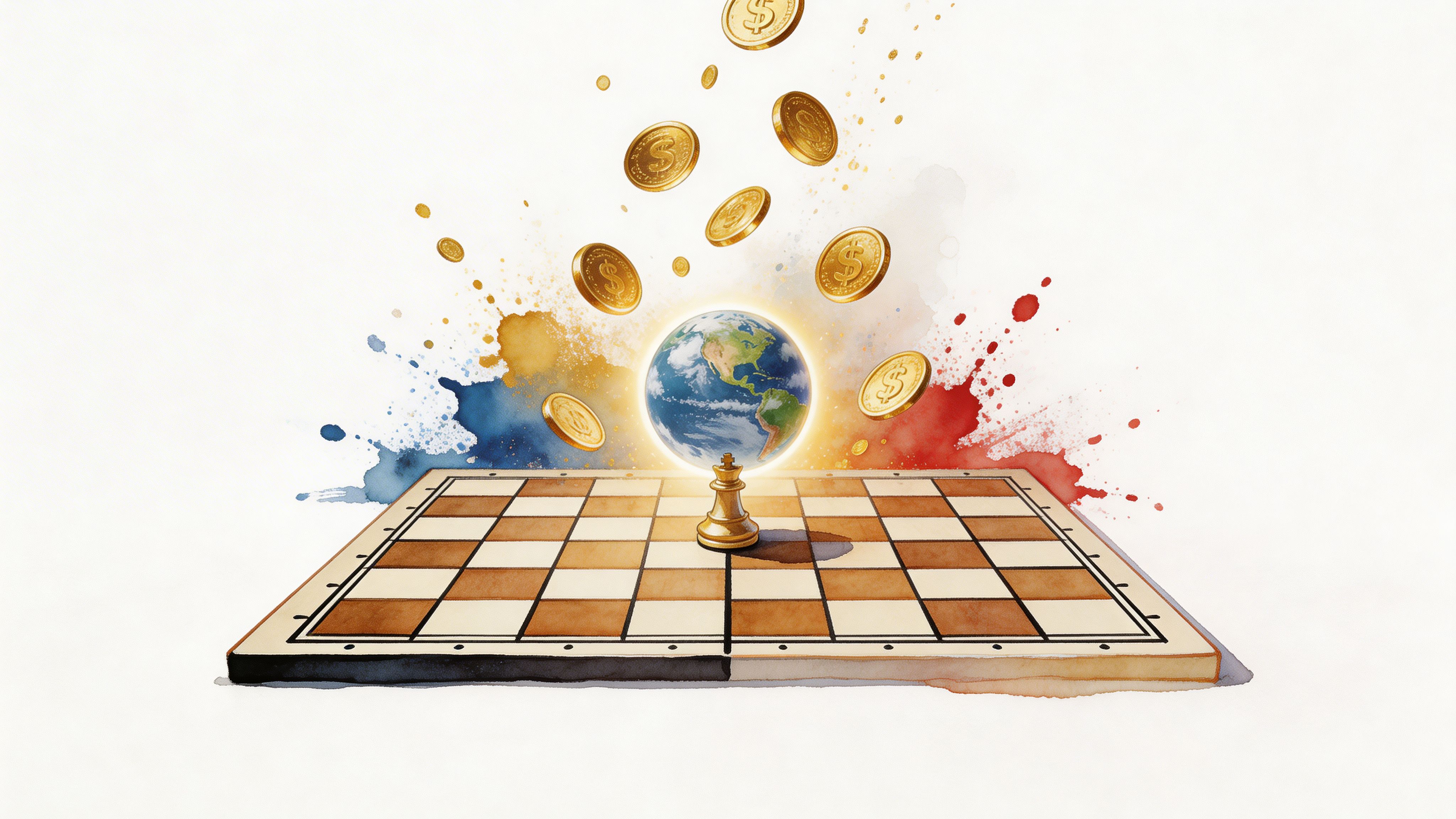 A globe atop a chess king piece on a board with floating gold coins and watercolor splashes.