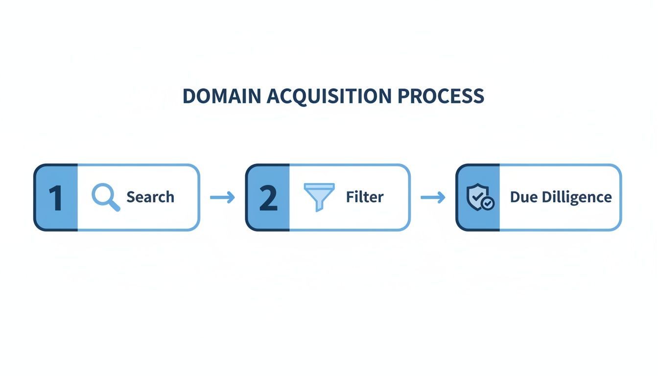 Flowchart illustrating the domain acquisition process with three steps: Search, Filter, and Due Diligence.