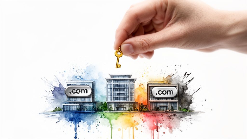 A hand holding a golden key above three modern buildings with ".com" signs and colorful watercolor splashes.
