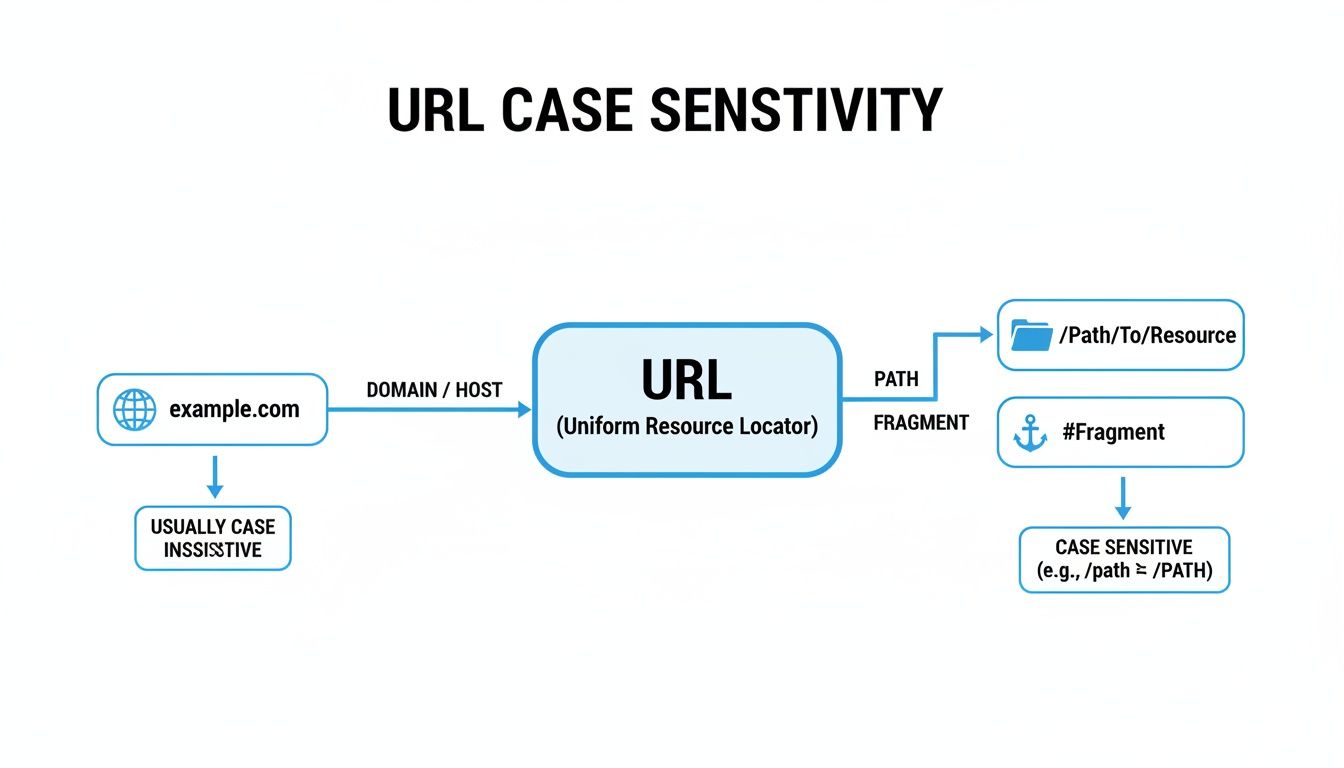 Diagram illustrating URL case sensitivity: domains are usually insensitive, while paths and fragments are case sensitive.