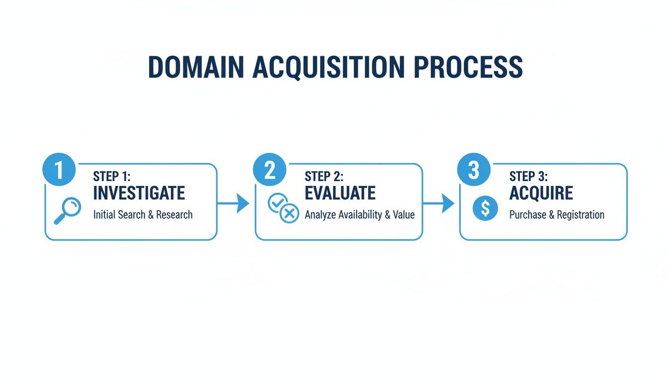 Flowchart outlining the three-step domain acquisition process: investigate, evaluate, and acquire.