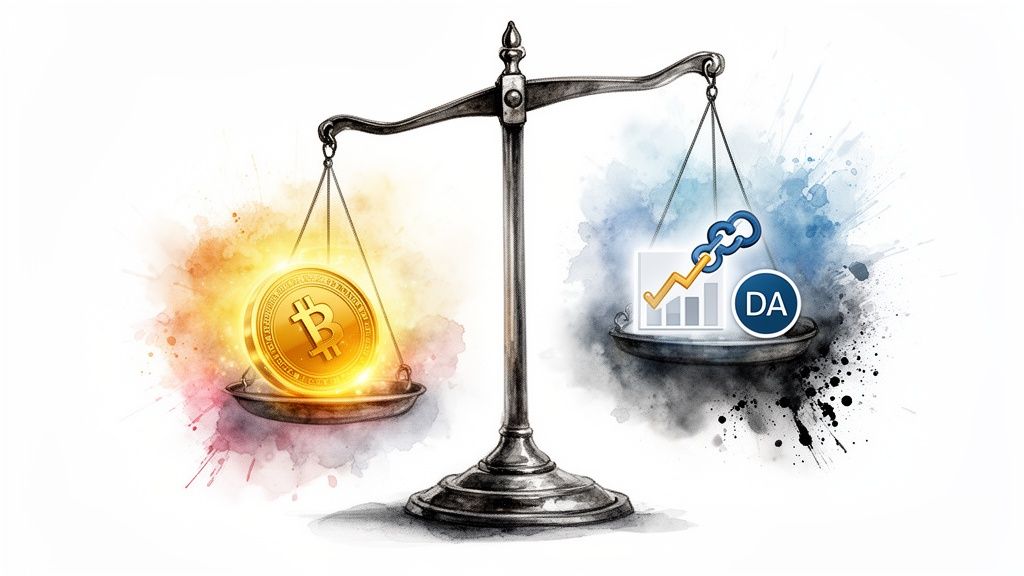 A scale comparing a heavy, glowing Bitcoin coin to a lighter chart with a DA icon.