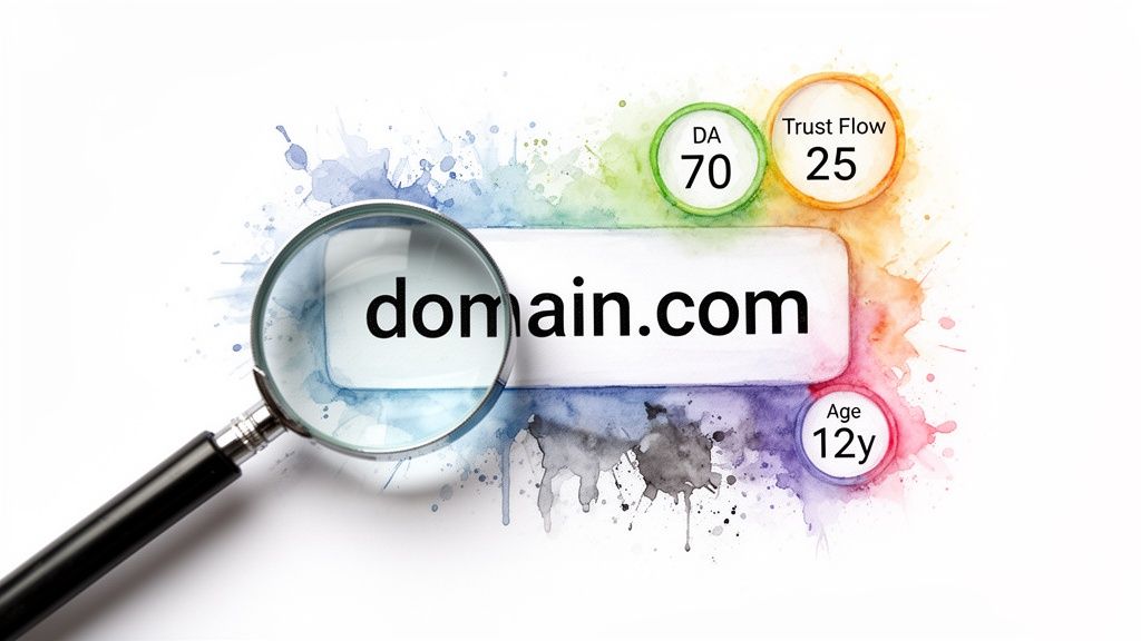 A magnifying glass highlights 'domain.com' with SEO metrics like DA, Trust Flow, and domain age.