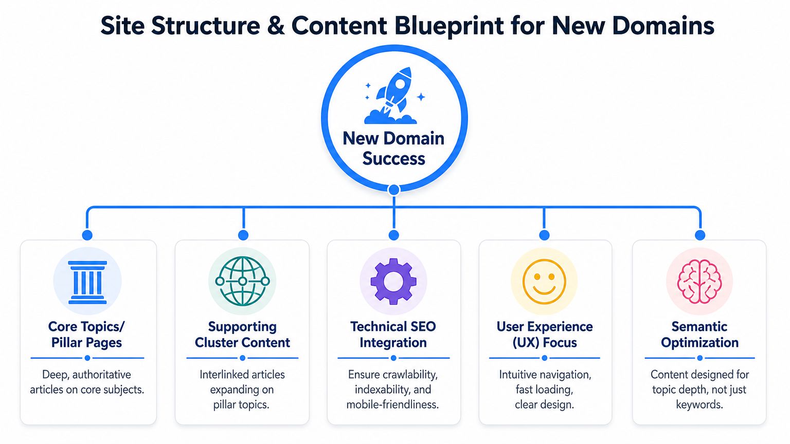 A diagram illustrating the essential strategy and structure for achieving success with new website domains.